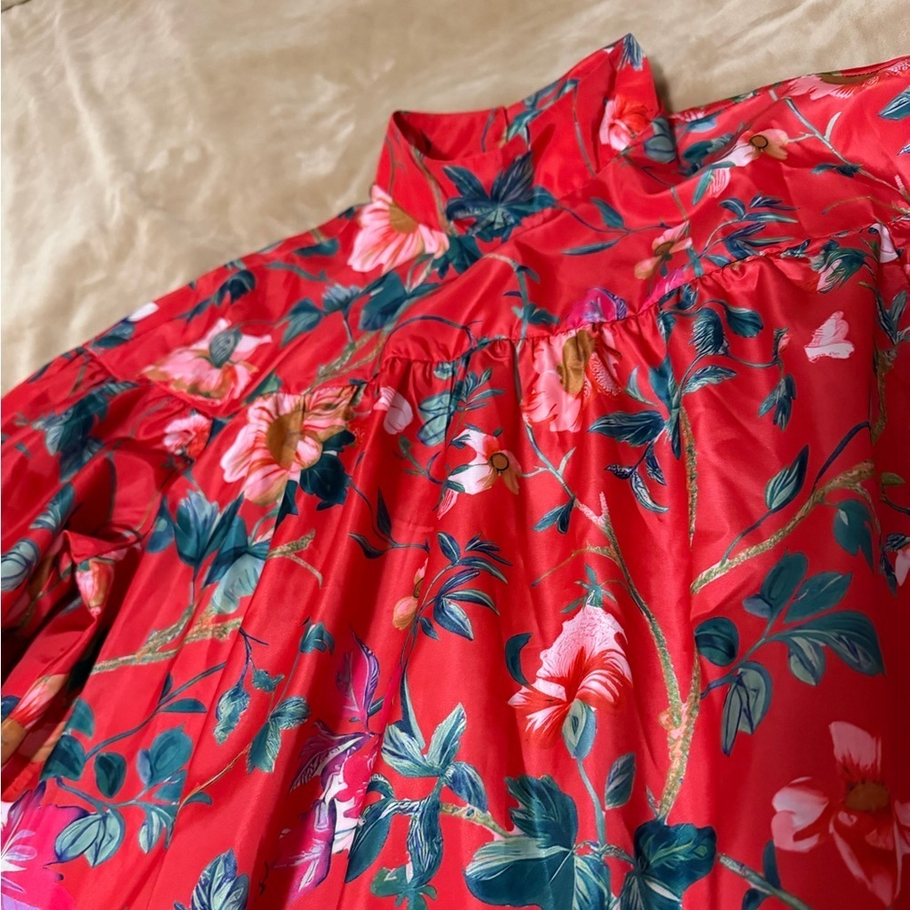 Anthropologie Red Floral Puff Sleeve Mini Dress Small - Picture 5 of 9